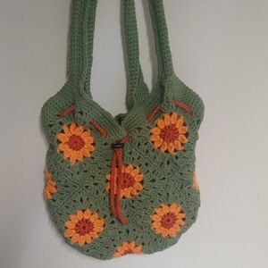 Green and Orange Flowered Crochet Tote Bag